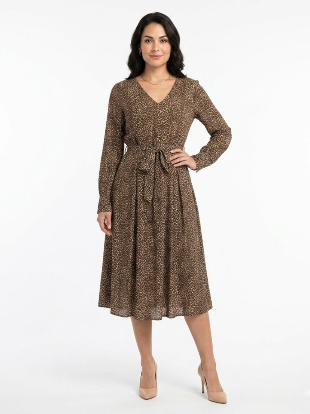 SCOTCH & SODA MAISON SCOTCH LEOPARD LONG SLEEVE BELTED MIDI DRESS - XS